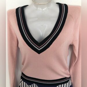 La Perla V-Neck Silk Sweater with Black/ Purple/Silver Trim. Size XS